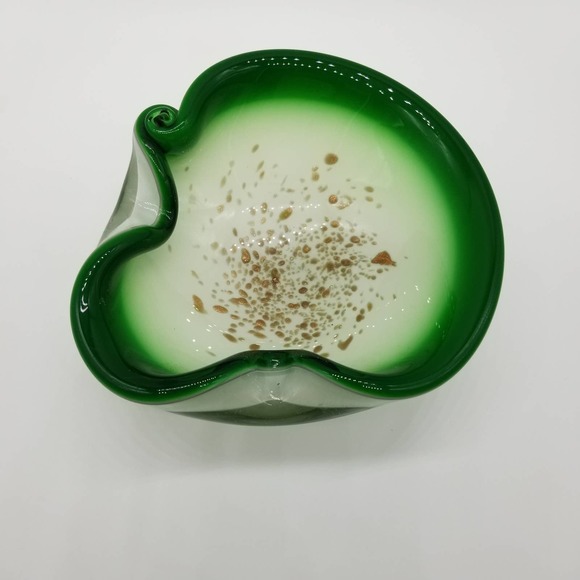Art Glass Ash Tray Green White Gold Flecks - Picture 3 of 13